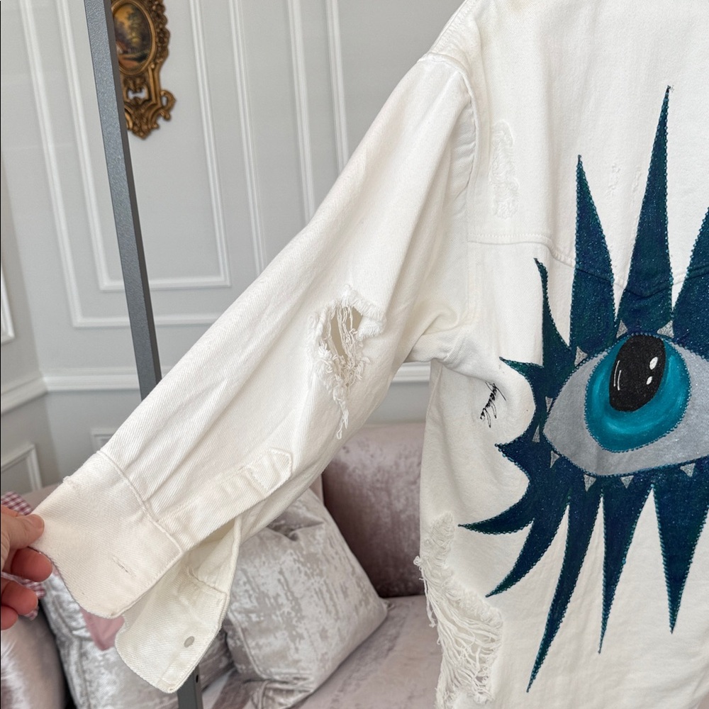 Eye See You Handmade Hand-Painted White Jeans Jacket – Made in Greece - Picture 6 of 17